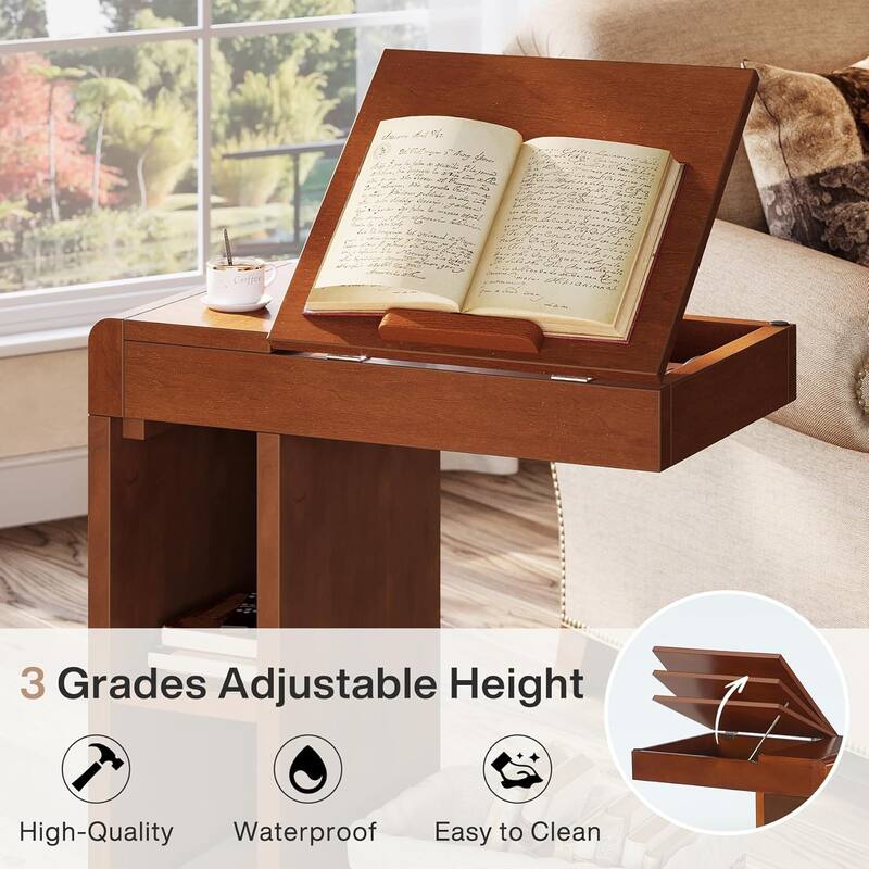 C-Shaped End Table with Adjustable Top, Sofa Chair Side Table with Open Storage Shelves