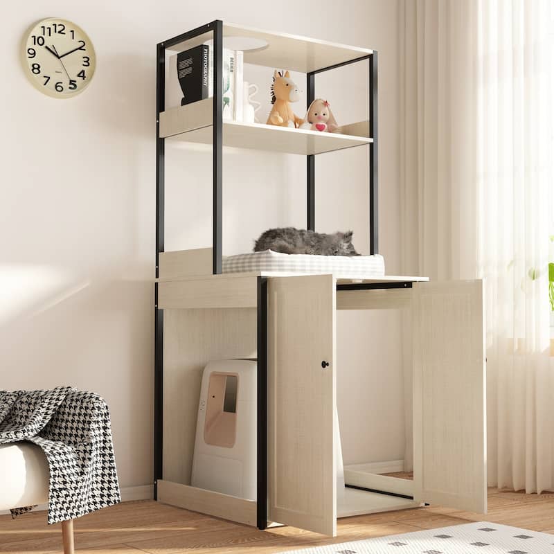 Modern Multipurpose Cat Litter Box Furniture Cabinet,2 Wood Frame.
