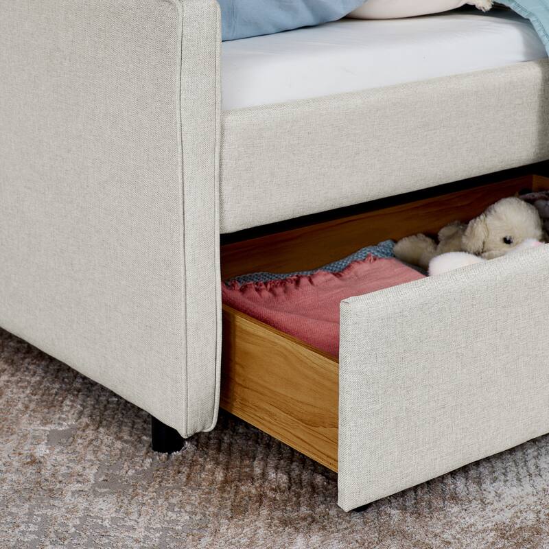 Roomfitters Twin Upholstered Sofa Bed with Adjustable Storage Headboard, Backlit Shelf and Underbed Storage Trundle