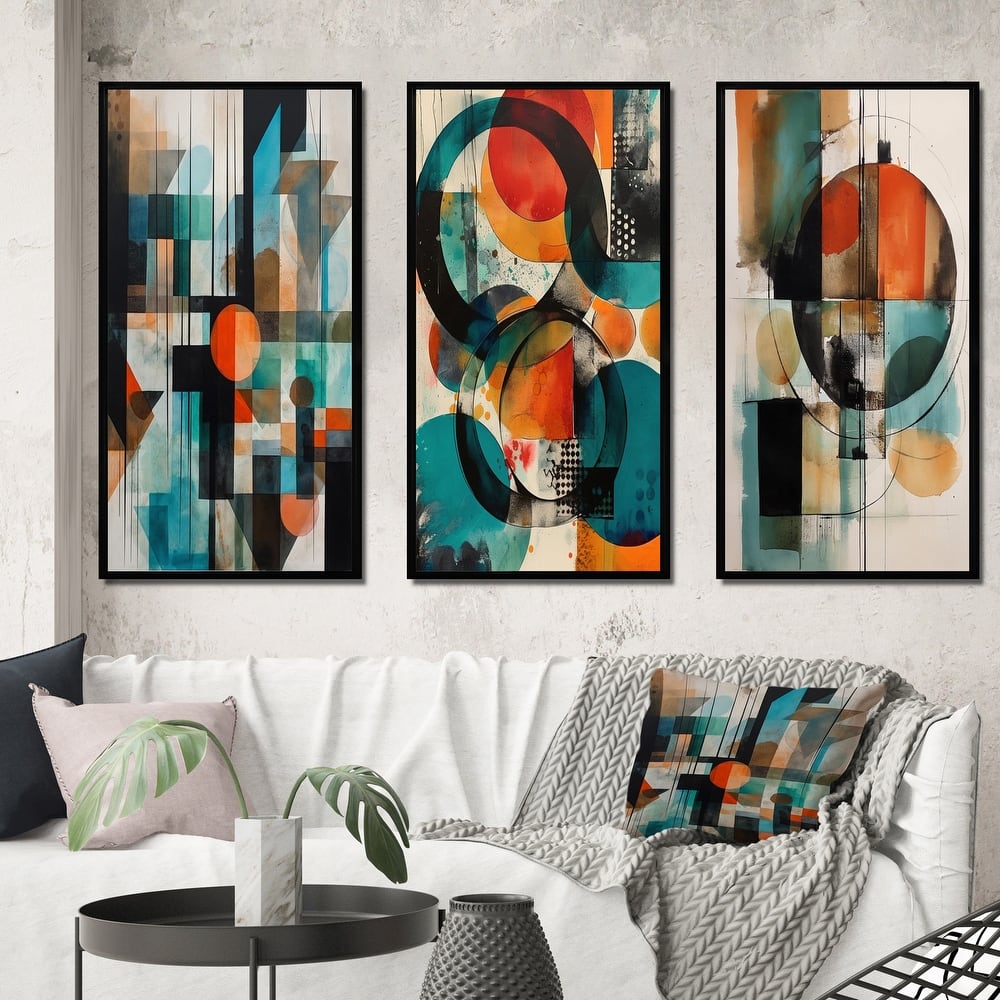 Designart "Orange Abstracted Geometric Explorations IV" Modern Geometric Framed Wall Art Set Of 3 For Office Decor