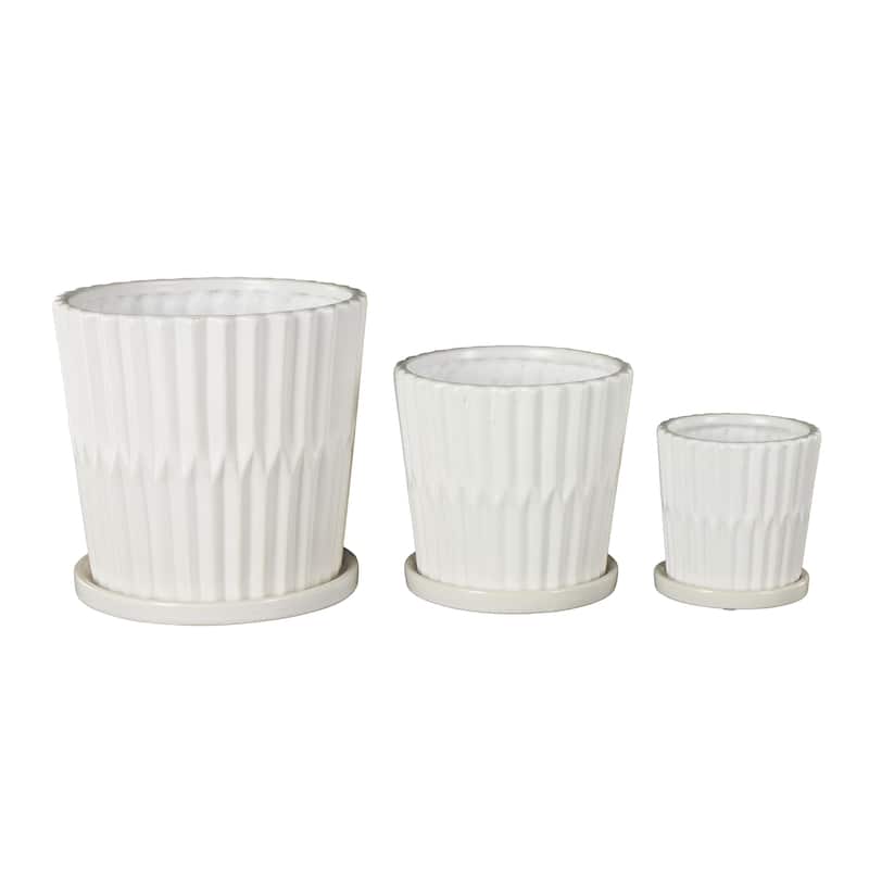 Ceramic Ribbed Indoor Outdoor Planter with Attached Saucer - Set of 3 Black or White - Roche River Decor