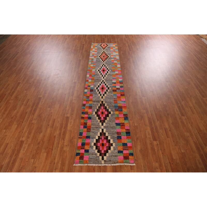 Checkered Moroccan Oriental Runner Rug Handmade Tribal Wool Carpet - 2'10" x 12'8"