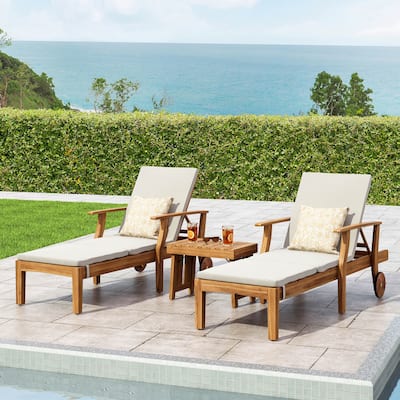 Perla Outdoor Acacia Wood 3 Piece Chaise Lounge Set with Water-Resistant Cushions by Christopher Knight Home