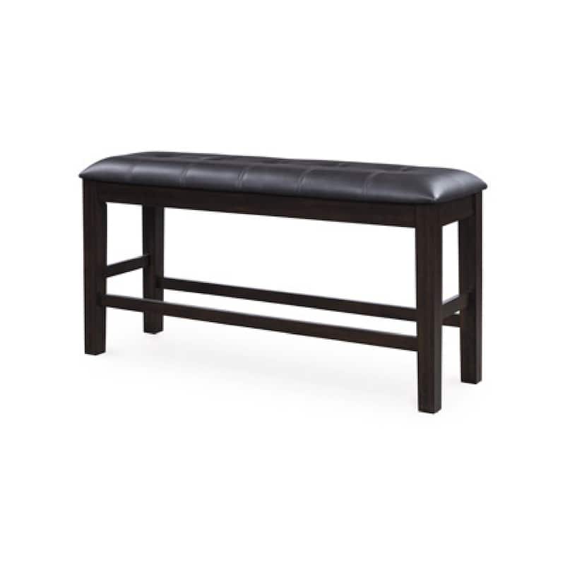 Hado Counter Height Bench, 50 Inch Black Faux Leather Padded, Brown Wood