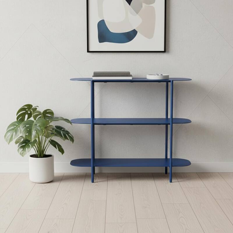 HomeRoots 36" Blue Steel Oval Console Table With Two Shelves - 36.00 in. x 31.50 in. x 13.00 in. - Blue