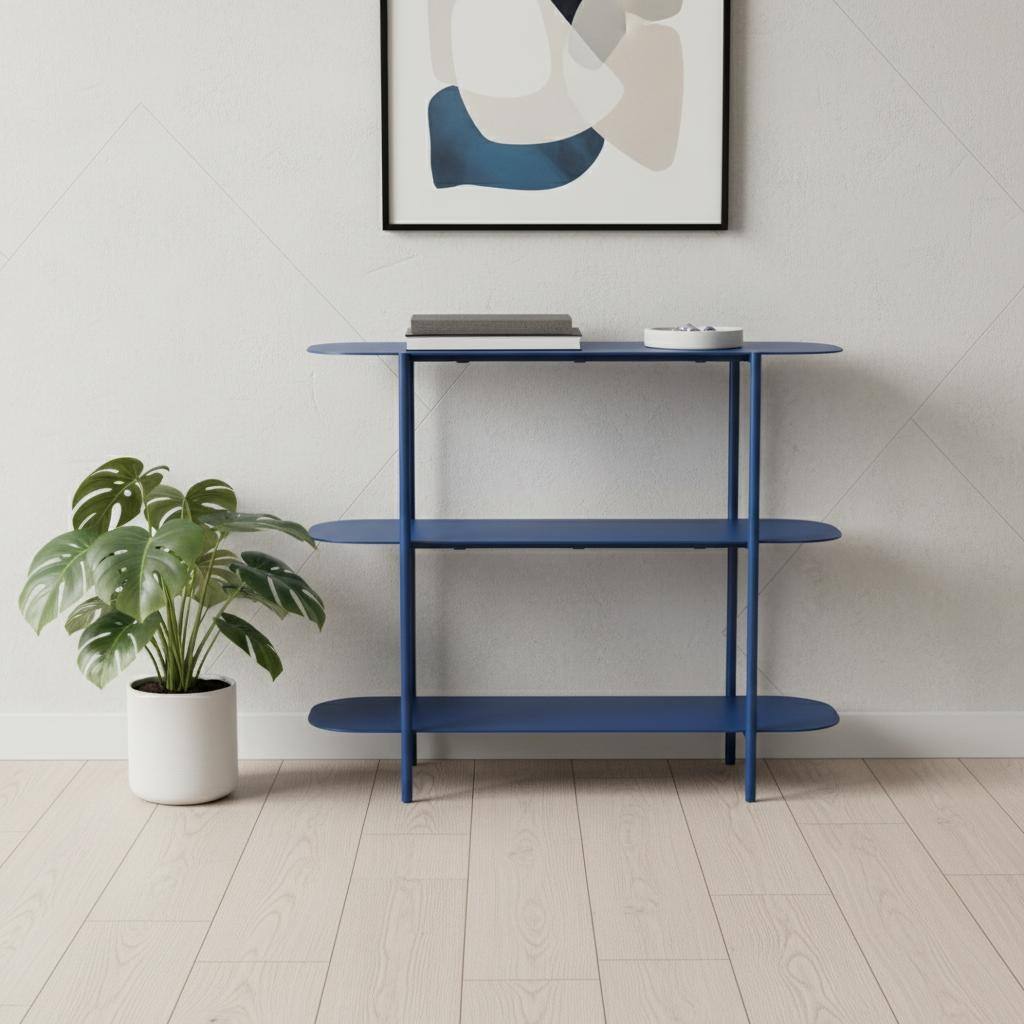 HomeRoots 36" Blue Steel Oval Console Table With Two Shelves - 36.00 in. x 31.50 in. x 13.00 in.