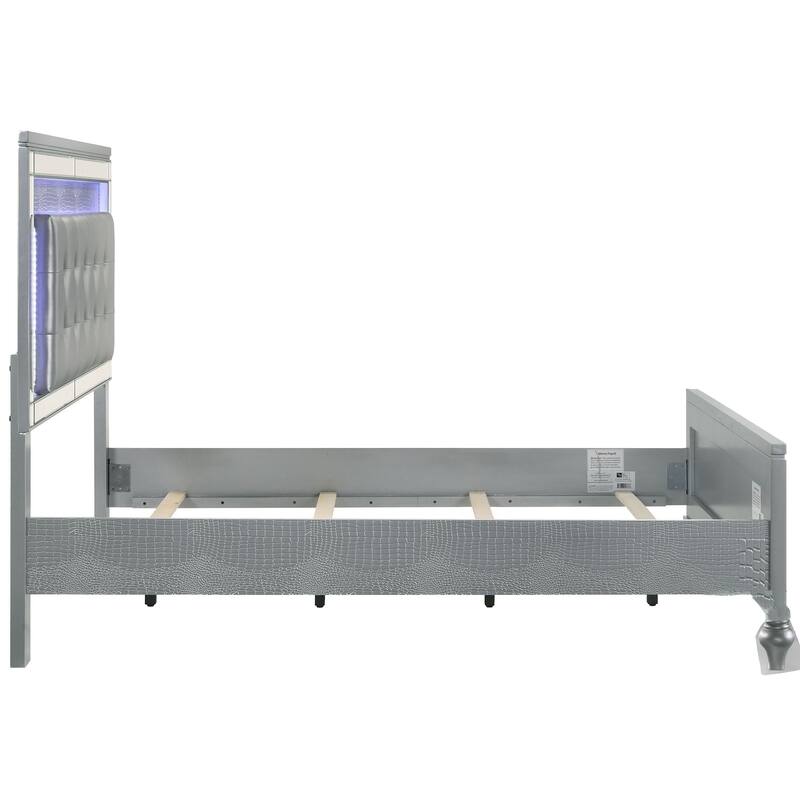 Lee Queen Size Bed, LED, Tufted Faux Leather Upholstery, Textured Silver