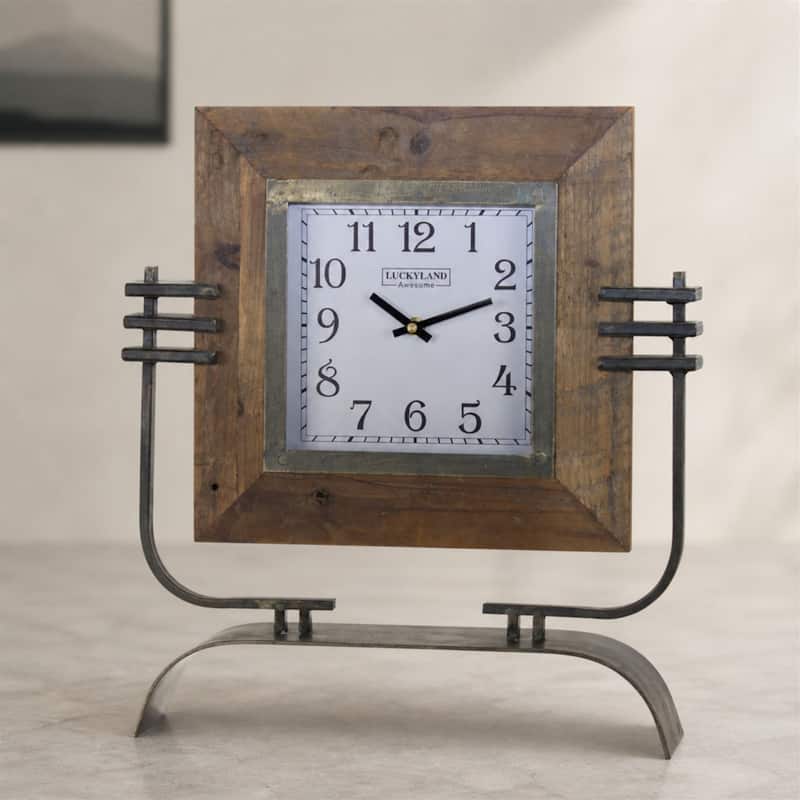 Wood Square Clock on Rustic Metal Stand 17.5"H