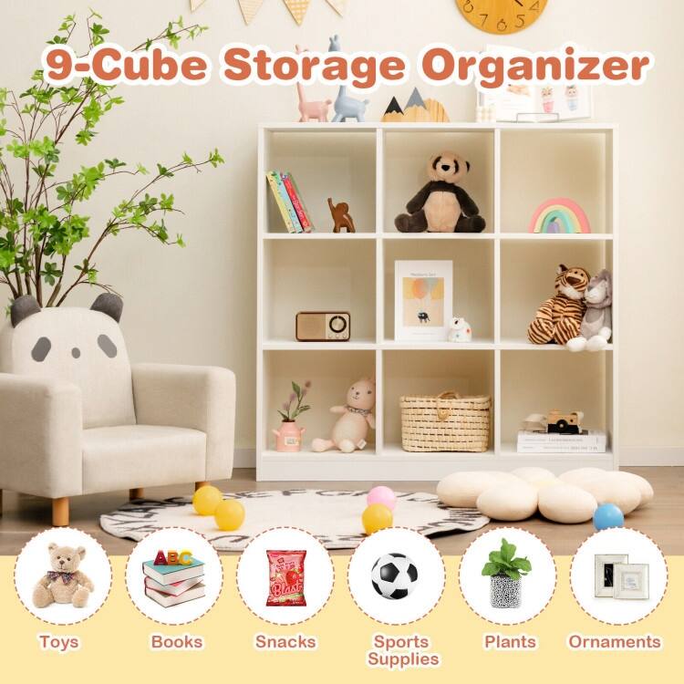 Modern 9-Cube Bookcase with 2 Anti-Tipping Kits for Books Toys Ornaments-White - 43.5" x 13" x 43.5" (L x W x H)