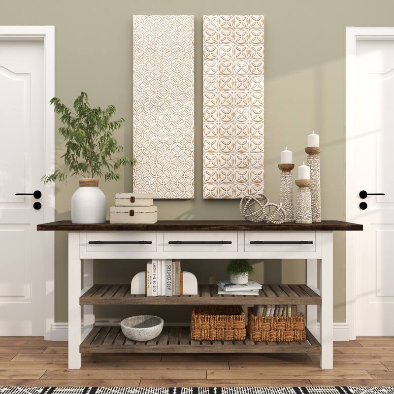 White Wooden Intricately Carved Geometric Home Wall Decor (Set of 2)