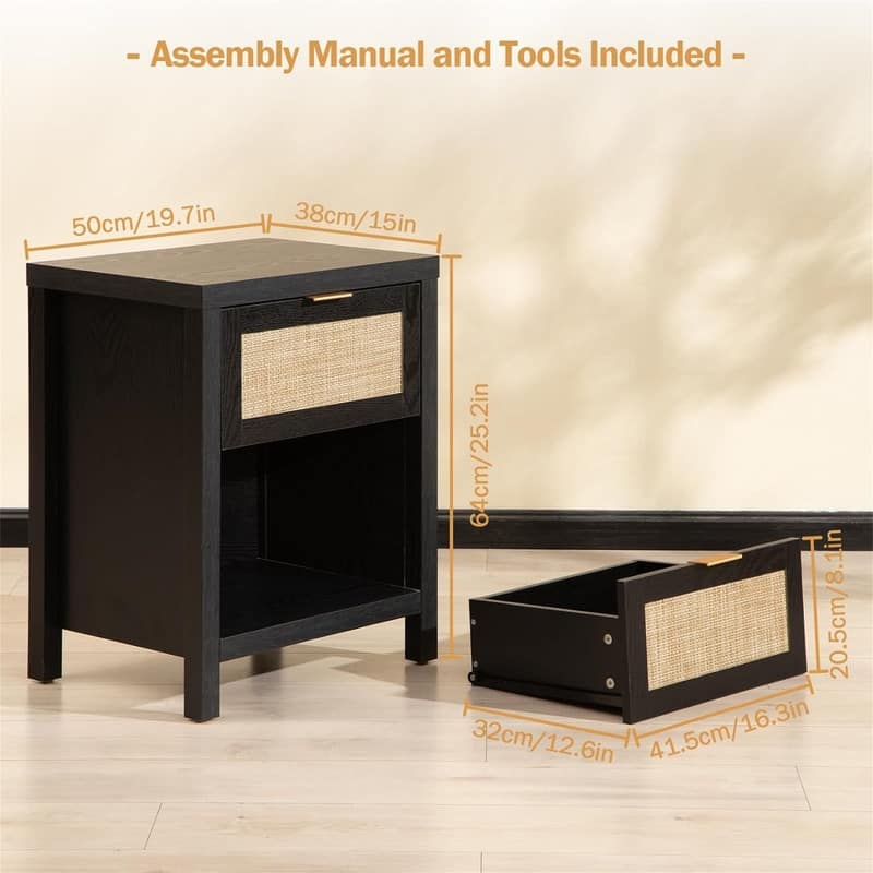 Rattan Nightstand Farmhouse Night Stands with Drawer