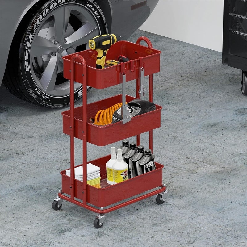 Heavy Duty 3-Tier Metal Utility Rolling Cart - 12.5"D x 17"W x 31.5"H - Red