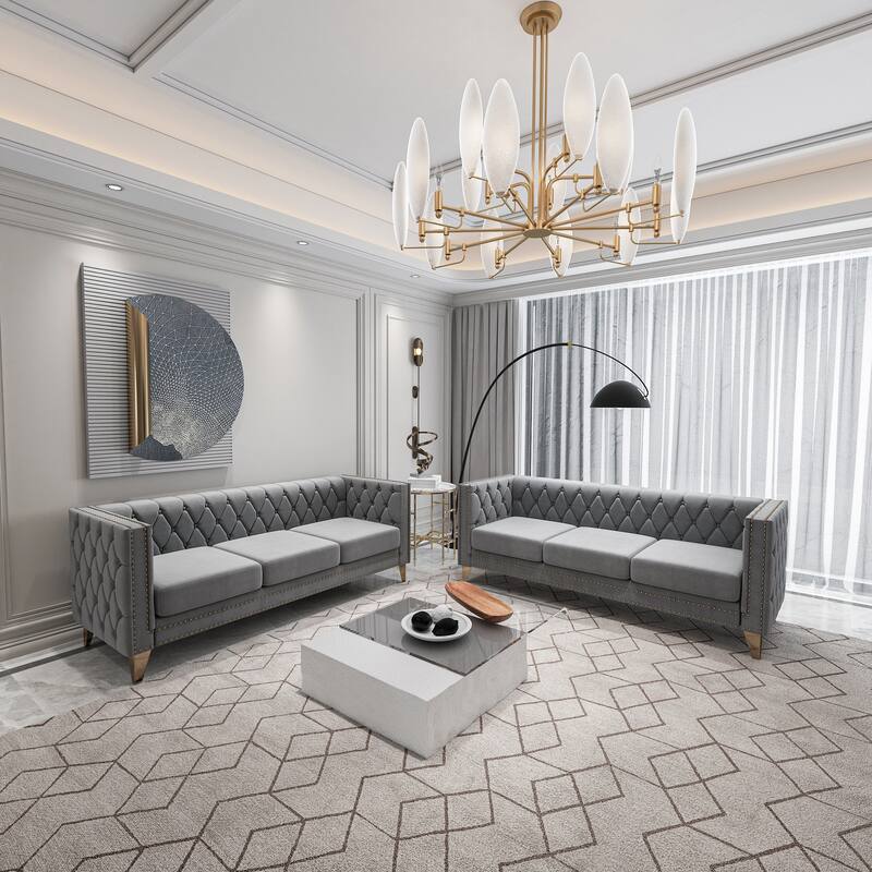 2-Pieces Velvet Upholstered 3 Seat Sofa, Classic Chesterfield Couch Buttons Tufted Square Arm Sofa with Nailheads and Metal Legs - Gray