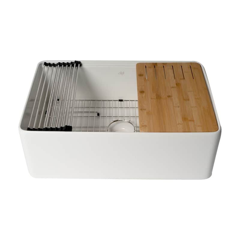 ALFI Brand White Smooth Apron Workstation 30" x 20" Single Bowl Step Rim Fireclay Farm Sink with Accessories