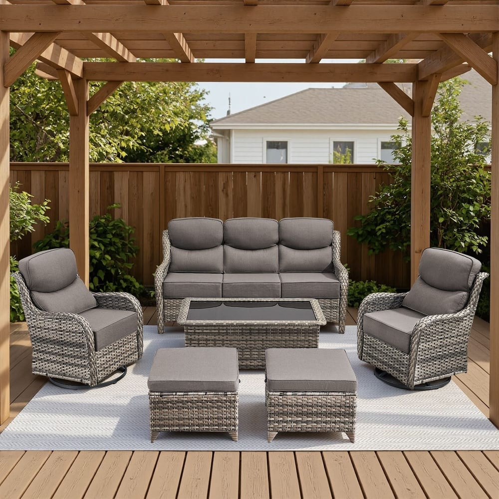 Meyreso 6-Piece Wicker Patio Conversation Set with Swivel Gliders and 6-Inch Thick Olefin Cushions