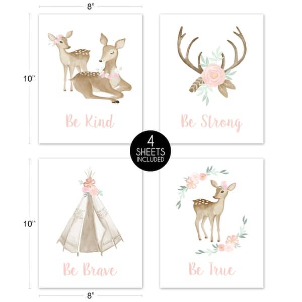 Sweet Jojo Designs Blush Pink Mint Boho Woodland Deer Floral Collection Wall Decor Art Prints (Set of 4) - Be Kind