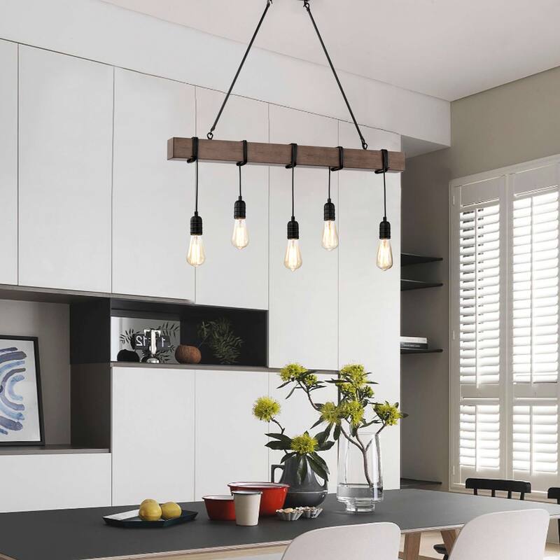 Irma Natural Wooden Beam Linear Chandelier with 5 Lights - Antique Black