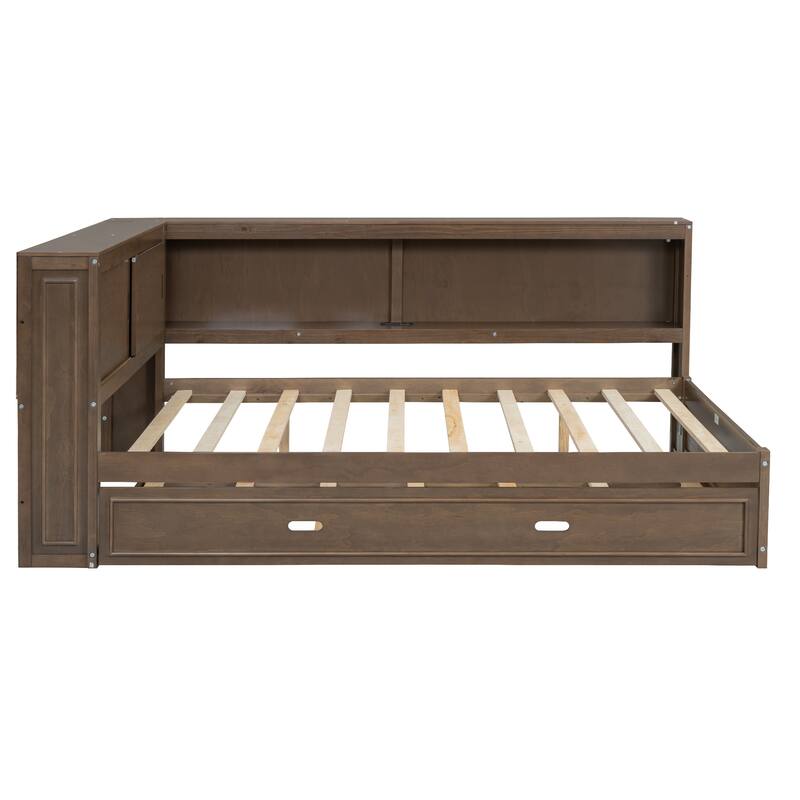 Full Size Daybed with Bookcase Headboard and Trundle, Wooden Platform Bed Frame with Storage Shelves, Charging Station, LED