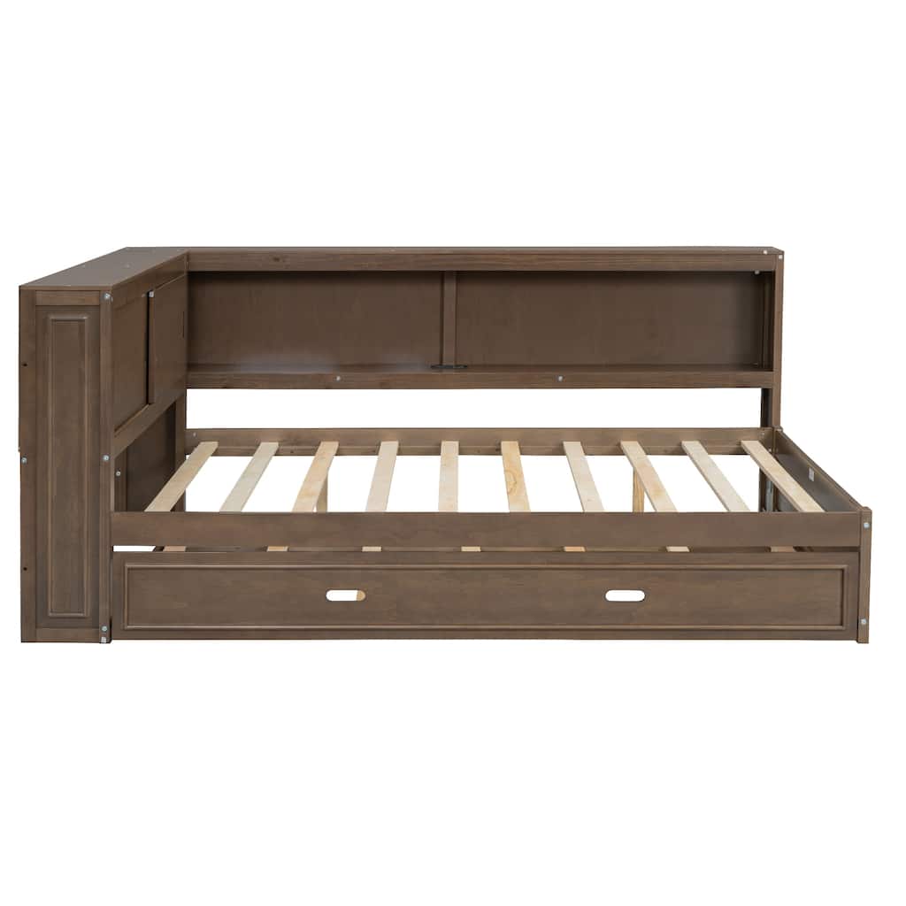 Full Size Wood Daybed with Storage Shelves, USB Charging Ports, LED Lights, and Trundle - Box Spring Not Required