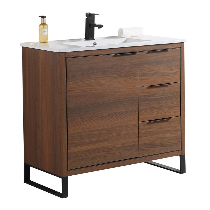 Fine Fixtures Opulence Collection Bathroom Vanity with White Ceramic Sink - 36 Inch - Walnut Ebony - Black Hardware