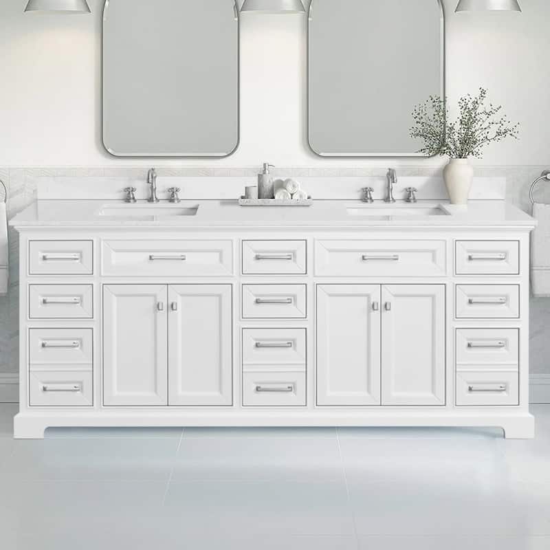 AstralLight 84 in. Double Sink Freestanding White Bath Vanity with White Engineered Marble Top