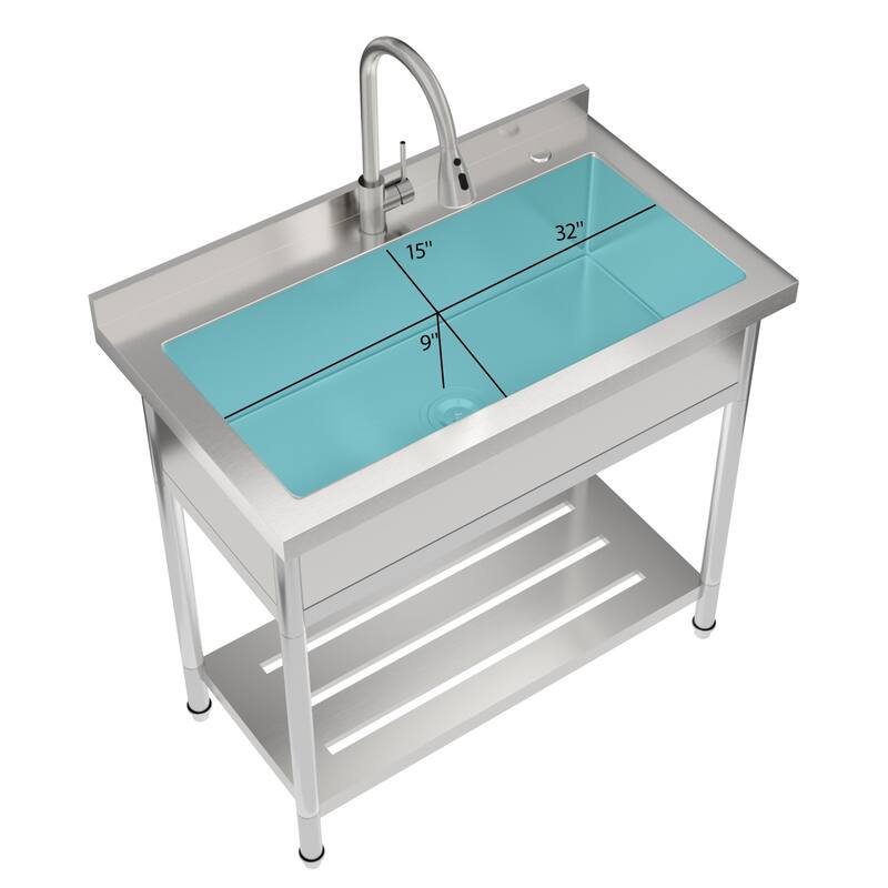 36 Inch Freestanding Integrated Single Bowl 18 Gauge Stainless Steel Kitchen Sink with Pull-Out Faucet - 36'' x 21'' x 35.5''