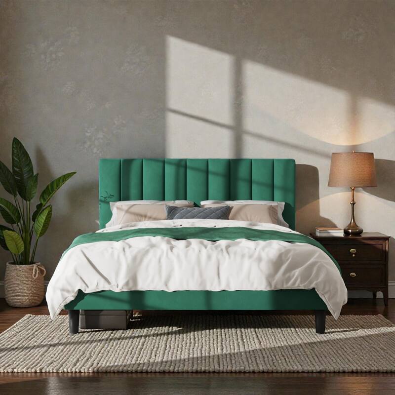 Upholstered Platform Bed Frame with Adjustable Headboard, Velvet Upholstered, No Noise, 800 lbs Capacity, 12 Inch Clearance