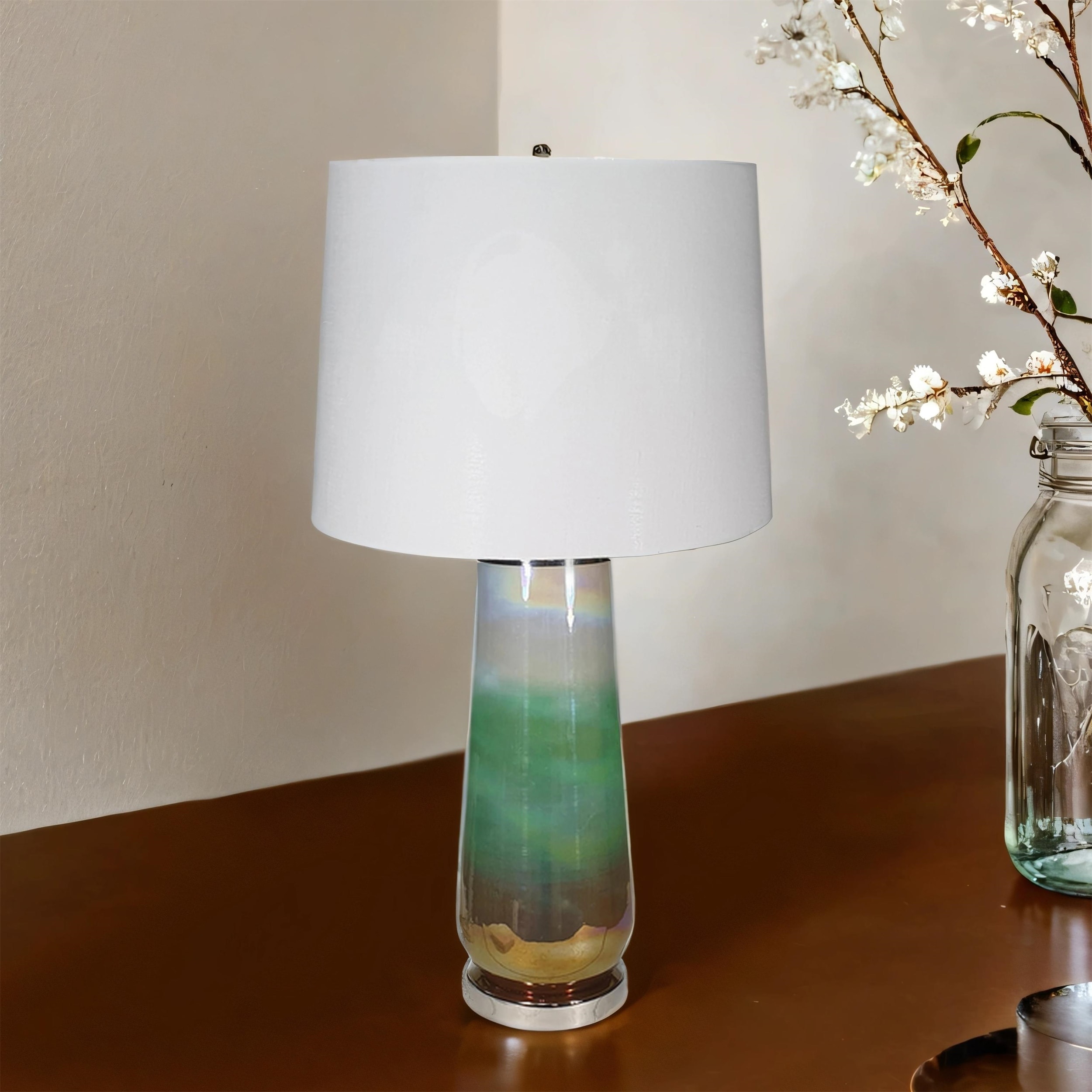 30 inch Colorful Glass Table Lamp w/ Linen Drum Shade,Energy Efficient