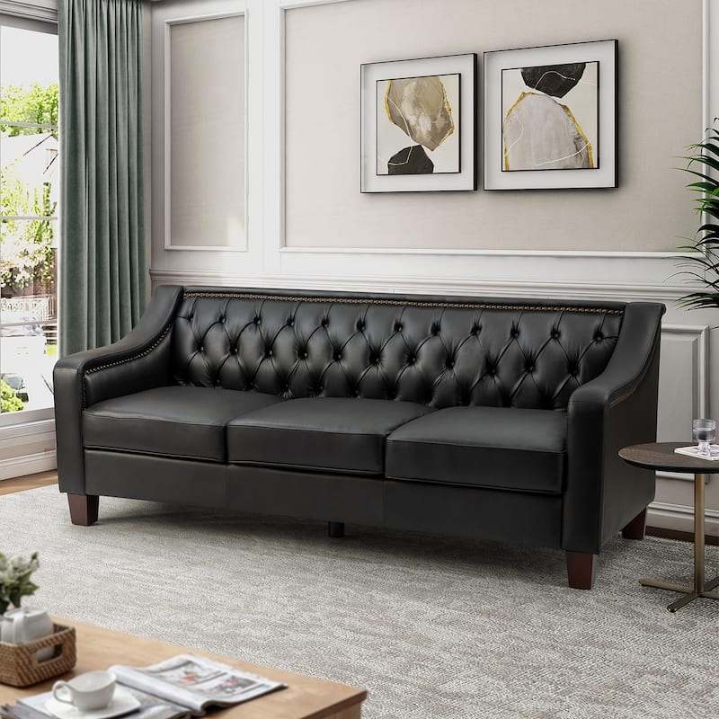 Mateo 82.28" Wide Genuine Leather Sofa with Nailhead Trim - Black