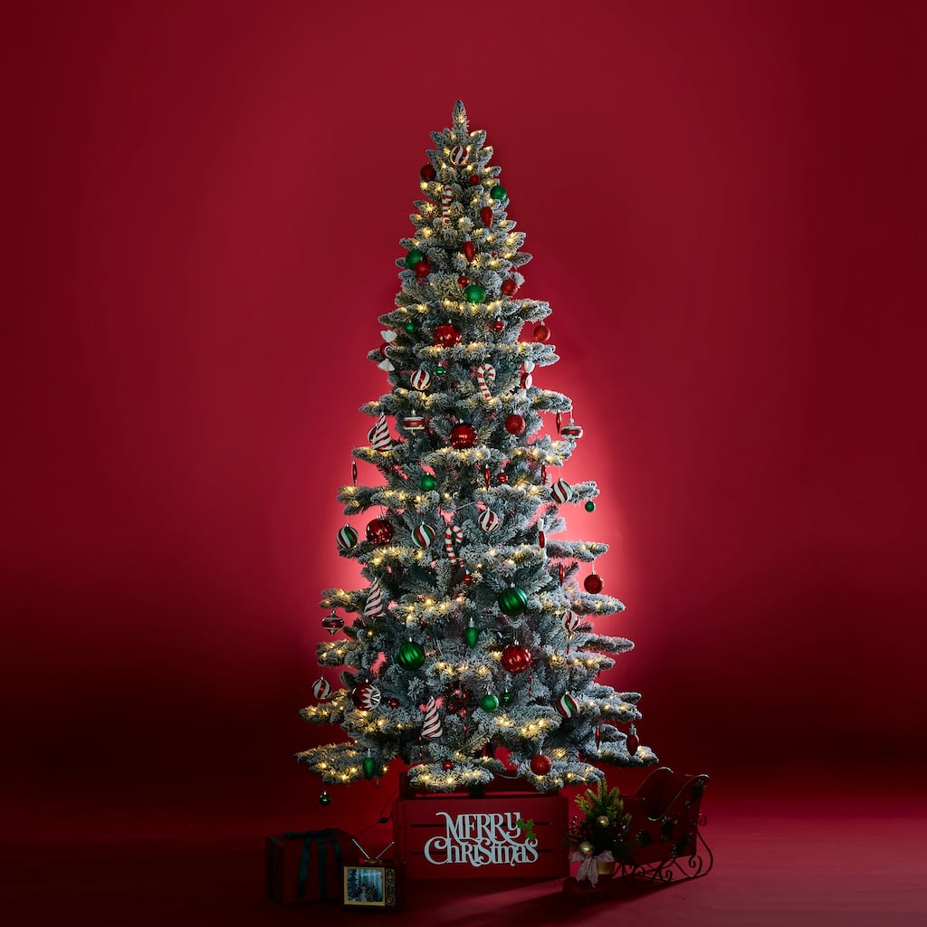 Glitzhome 7.5ft/9ft Pre-Lit Flocked Slim Spruce Artificial Christmas Tree with Warm White Lights