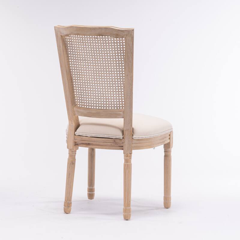 Solid Wood Dining Chairs Set of 2, Linen Upholstered Square Dining Chairs, Kitchen Chairs with Rattan Back & Wood Legs