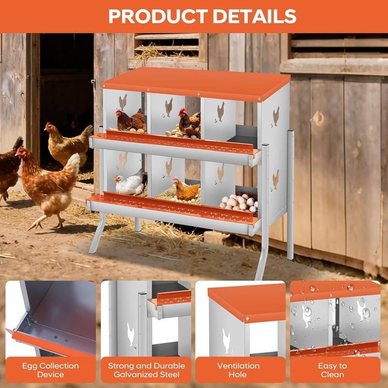 6 Compartment Nesting Box, Chicken Laying Box, with Bracket Legs, Easy to Clean and Install