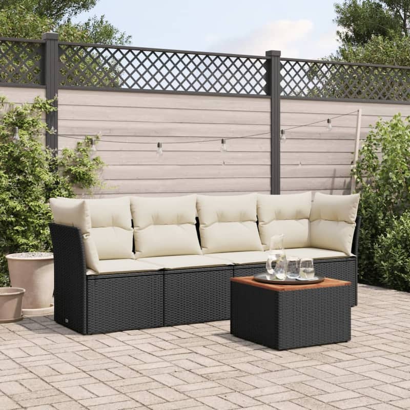 vidaXL Patio Sofa Set with Cushions Outdoor Furniture 5 Piece Poly Rattan - 21.7 x 21.7 x 14.6 - Black and cream