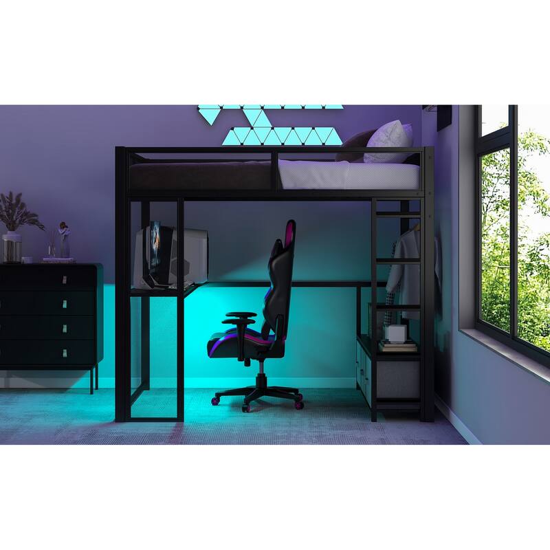 Full Size Black Metal Gaming Loft Bed with LED Lights, Built-in Desk, Wardrobe & 3 Storage Drawers