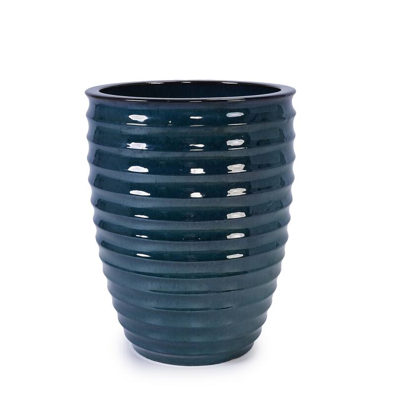 Handmade Ceramic Planter, 17 Inch Diameter, 1 Piece, Horizontal Ripples Pattern