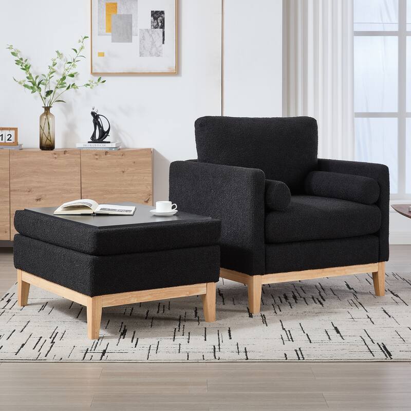 35.4 "Wide Wood Base Square Accent Arm Chair with Ottoman Natural Wood Legs with Reversible Lid Coffee Table