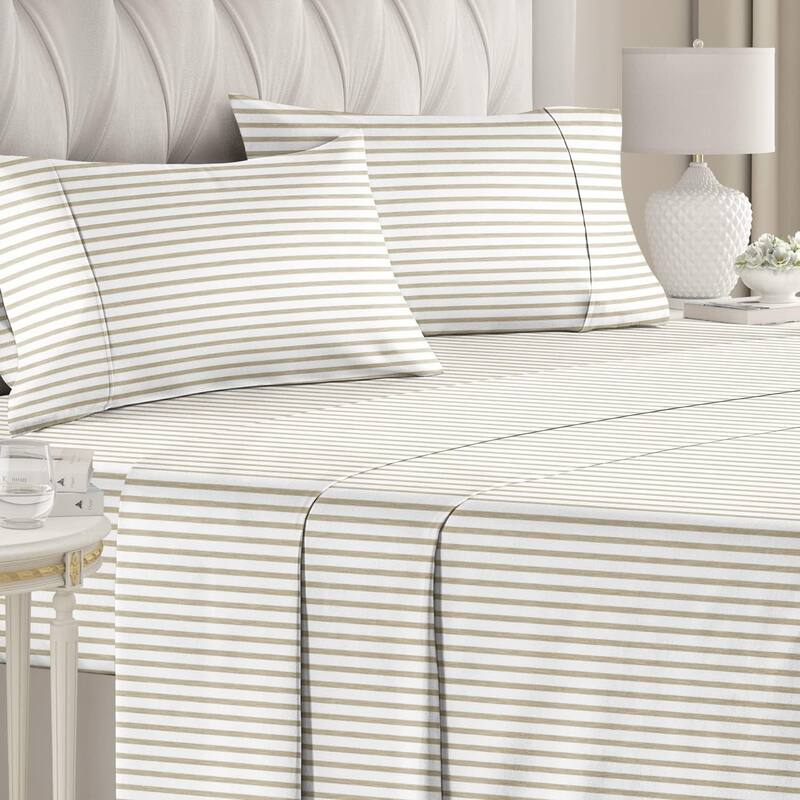 CGK Linens 4 Piece Solid Microfiber Deep Pocket Soft Bed Sheet Set - King - Beige Stripes 2