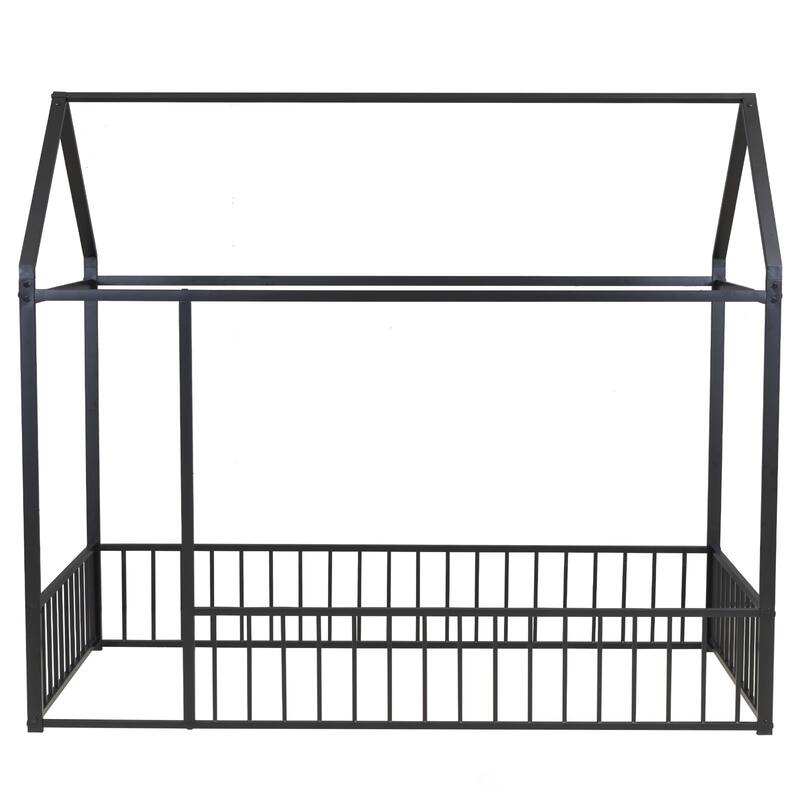 Twin Size Metal Bed House Bed Frame with Fence, for Kids, Teens, Girls, Boys