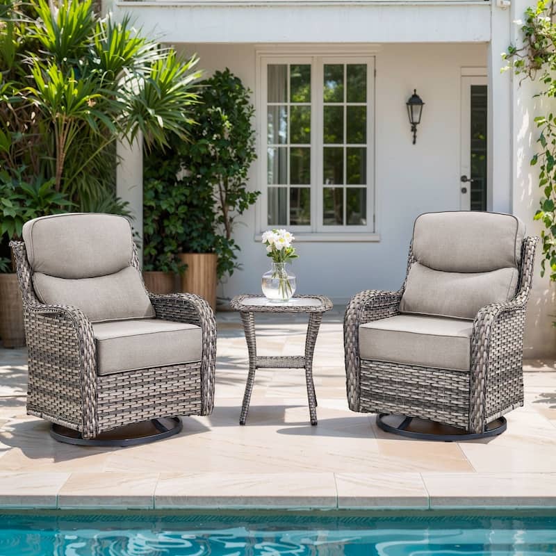 Gymojoy 3-Piece Patio Swivel Glider Chair Set with Side Table, 6-Inch Ultra-Plush Cushions & Water-Resistant Olefin Fabric - Grey Wicker / Beige Cusion - 3-Piece