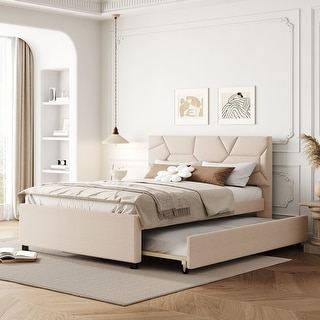 Full Upholstered Platform Bed with Trundle and 2 Drawers, Solid Wood Bedframe w/Brick Pattern Headboard, Save Space Design