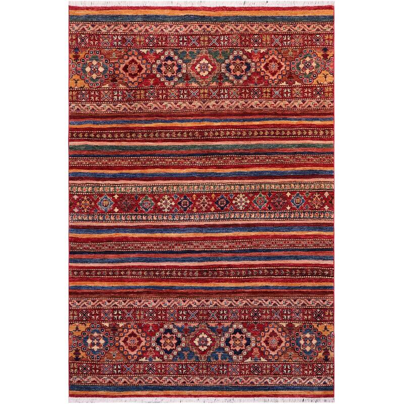 Tribal Khurgeen Gwyneth Drk. Red/Drk. Blue Hand-knotted Wool Rug - 4'11 x 6'4 - 4'11'' x 6'4''