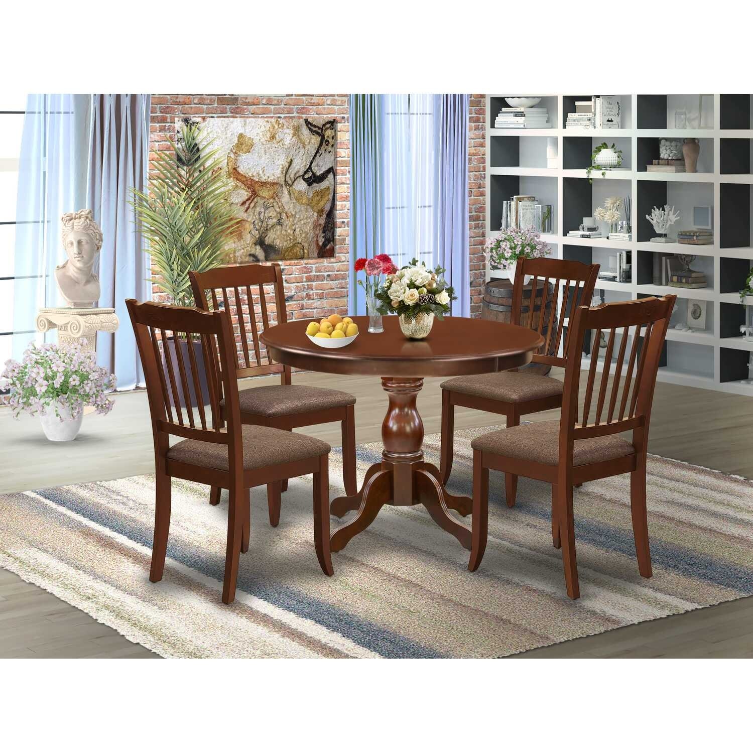HomeStock 5-Piece Mahogany Finish Solid Wood Top Dining table with 4-Chairs with Slat Back