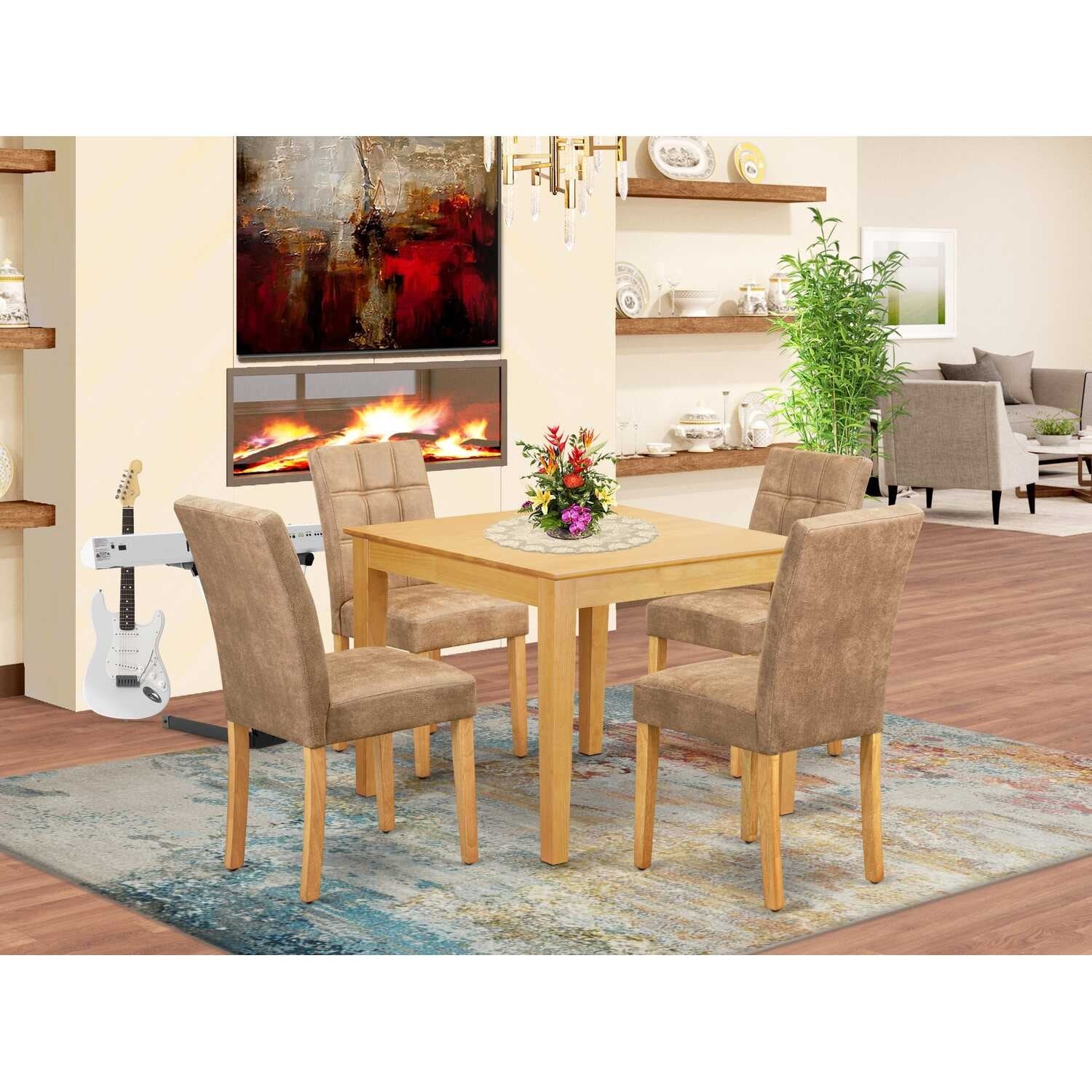 HomeStock 5-Piece Natural Oak Finish Solid Wood Top - Square Dining Room Set - Seats 4