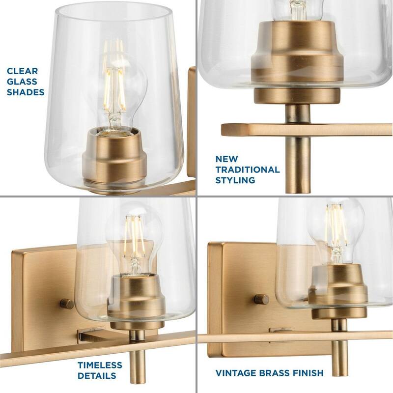 Calais Collection Three-Light Vintage Brass Clear Glass New Traditional Bath Vanity Light - 24.25 in x 6.5 in x 8.5 in