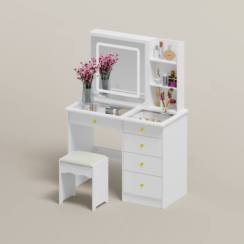 Vanity Desk Makeup Table Sliding Lighted Dressing Table Glass Top