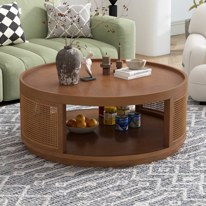 36.8" Wooden Mid-Century Modern Coffee Table with Storage, Round Cane Coffee Table with PE Rattan Side for Living Room - Brown