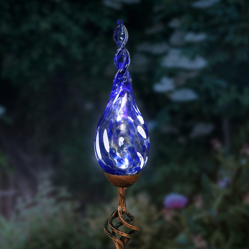 Exhart Solar Pearlized Hand Blown Glass Twisted Flame Garden Stake with Metal Finial Detail, 36 Inch