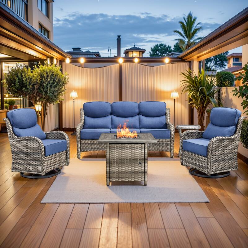 Pocassy 5 Pieces Outdoor 6" Sofa Swivel Chair with Fire Pit Table - Gray Wicker - Blue cushion