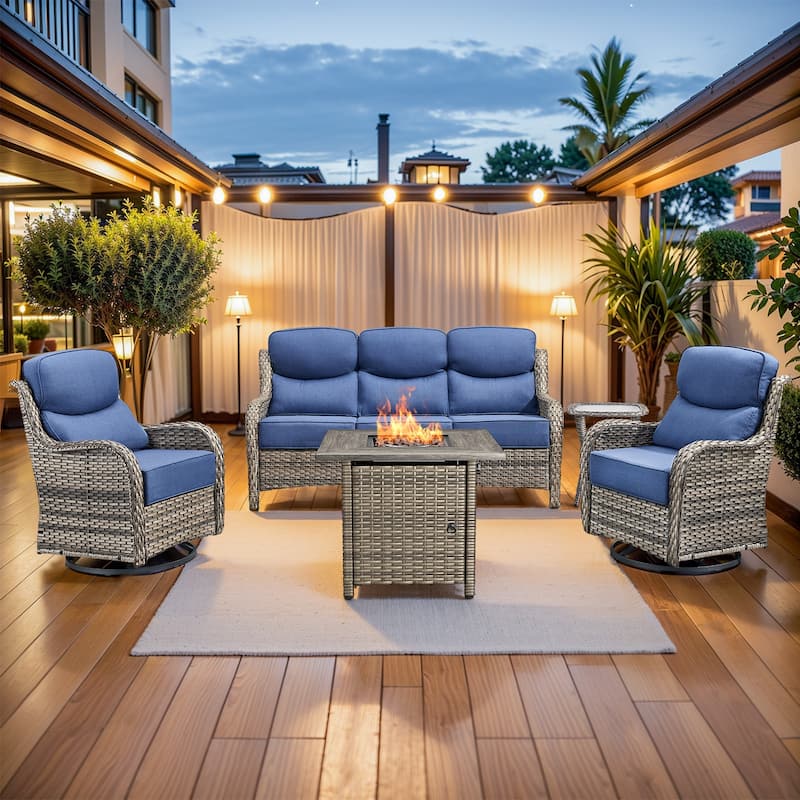 Pocassy Outdoor 6" Sofa Swivel Chairs with Fire Table Funiture - Grey Wicker Blue Cushion - 5 Pieces Sofa Chair Table with Fire Table