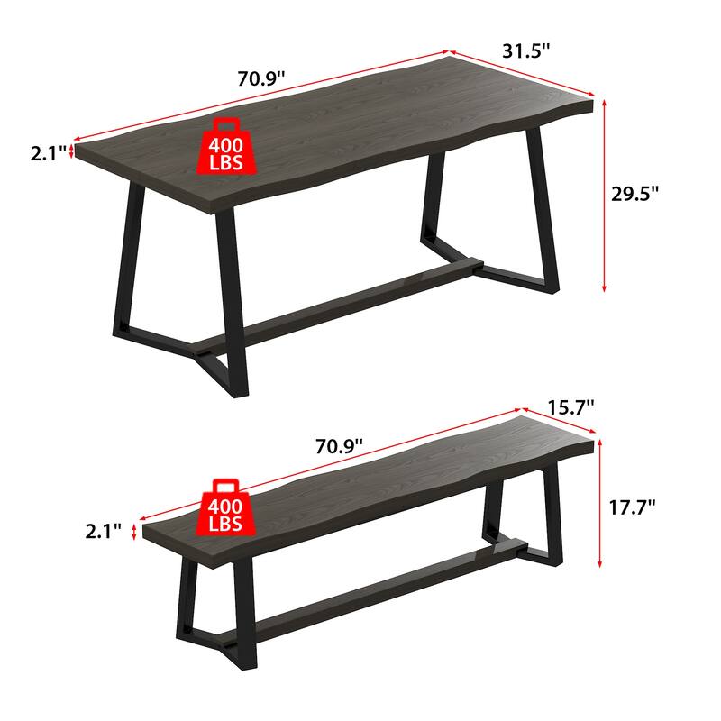 Rustic Elm Wood Dining Table Set with Black Bench – Modern Farmhouse Kitchen Table